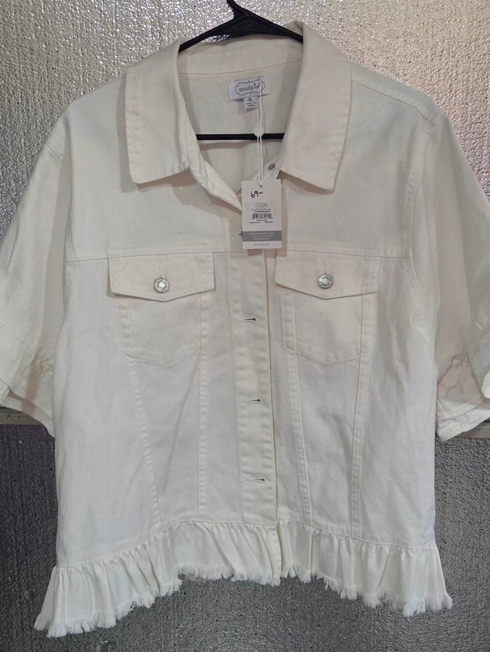 Mud Pie Cream Short Sleeve Button-Front Frayed Hem Shirt